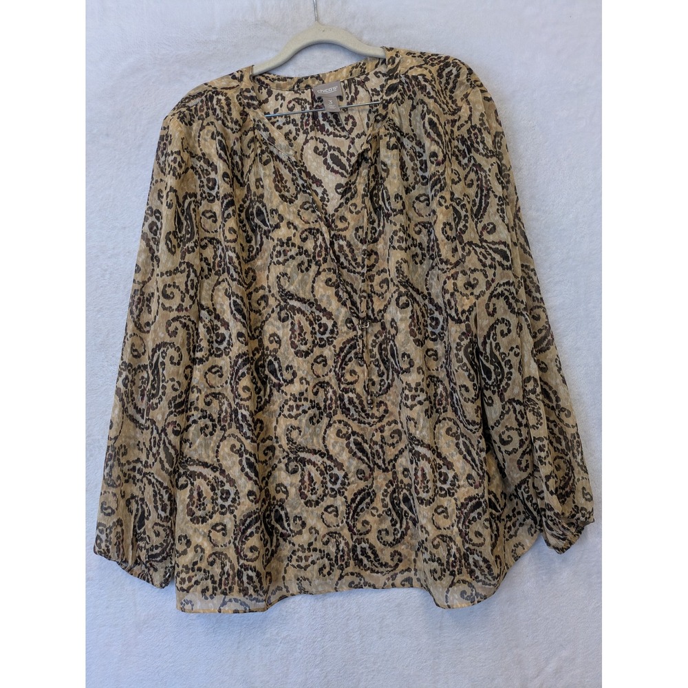 Chicos Women's Size 3XL Paisley Leopard Print Peasant Blouse Chiffon Tan Brown